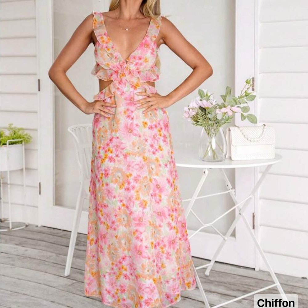 SHEIN Pink and Orange Backless Chiffon Dress